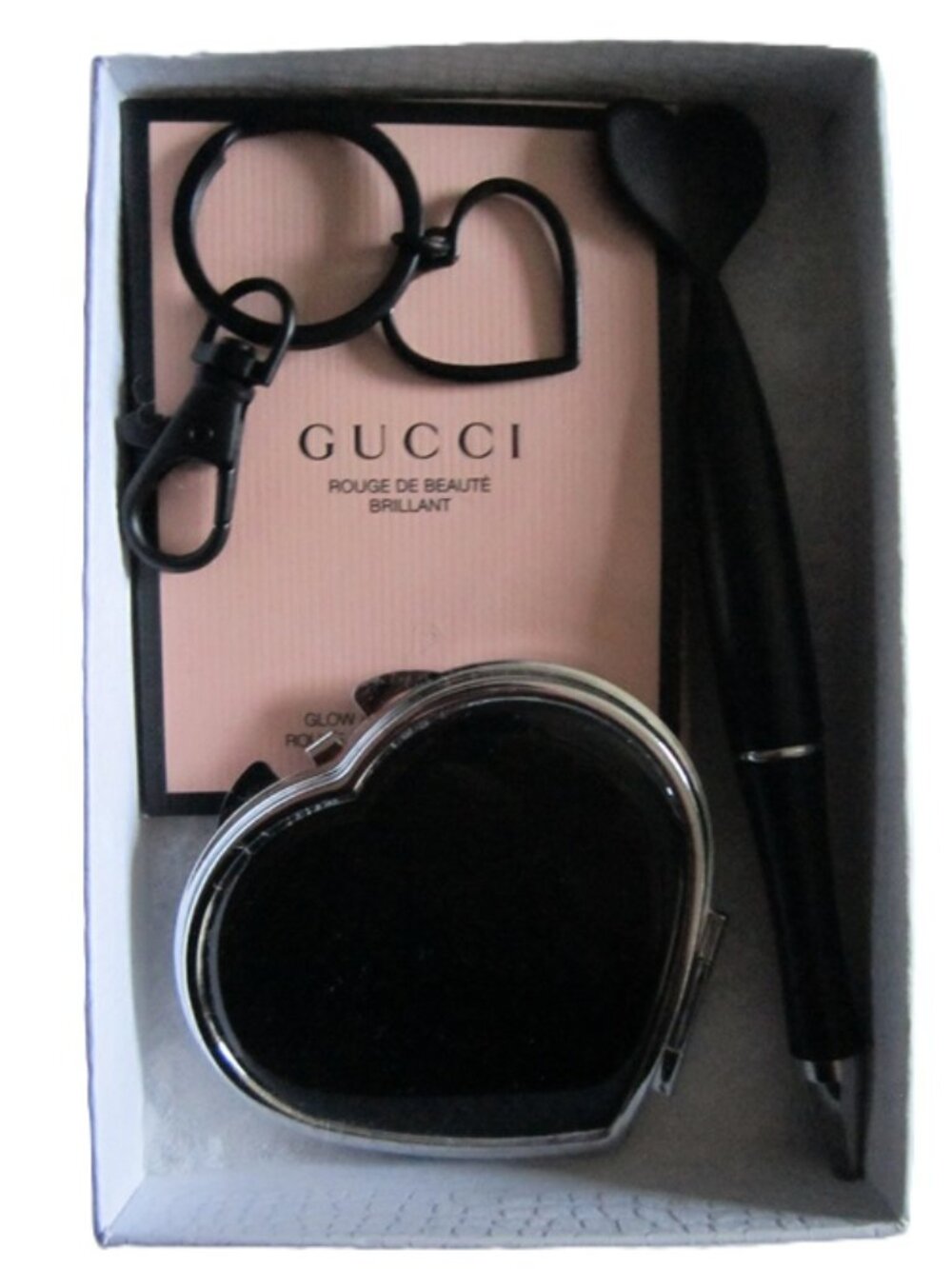 Purse Gift Set Heart Mirror, Pen, Keychain, Gucci Rouge De Beaute Lipstick NEW